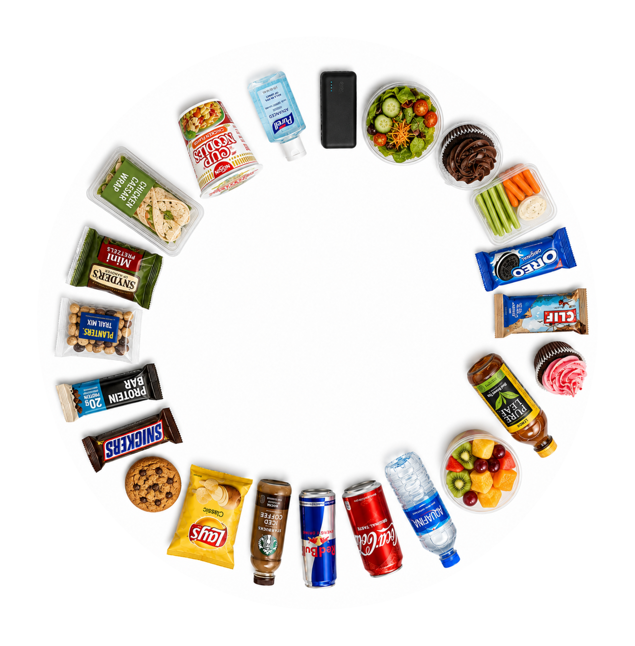 Snacks and drinks arranged in a circle